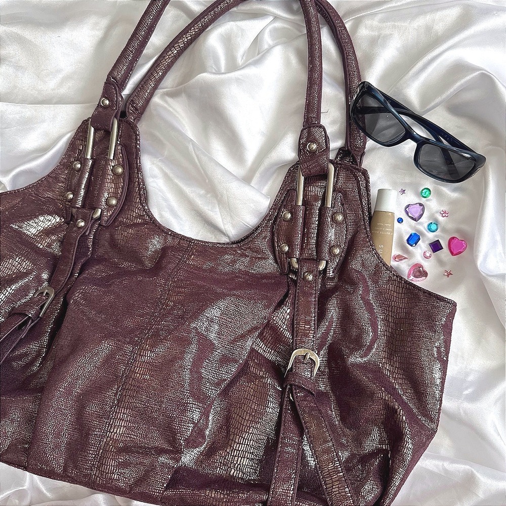 Metallic Plum Snakeskin Embossed Shoulder Bag Y2K Purple Hobo Tote